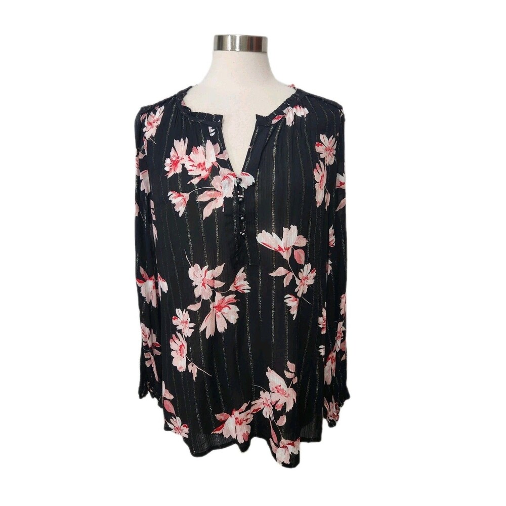 Liz Claiborne Top Womens XL Black Pink Floral Gold Fleck V-Neck LS Button Trim